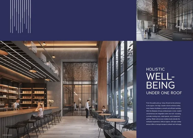 Approximately 6-metre-high double-volume entrance lobby and ground-floor cafe at Cecil Place