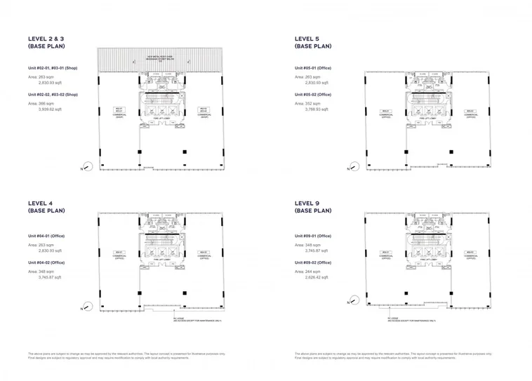 Cecil Place Level 2, 3, 4, 5 and 9 floor plans with shop and office units